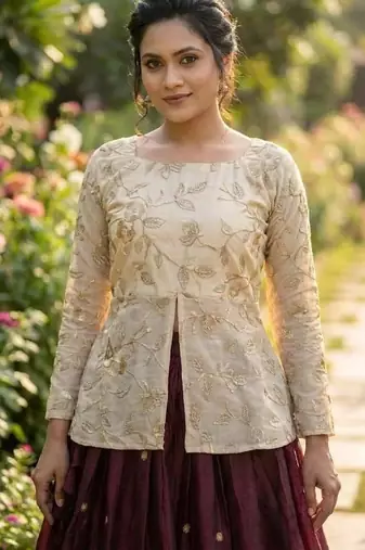 Wine Zari Embroidered Work Blouse with Ivory Lehenga Set for Women | Festive Ethnic Wear_Free Size