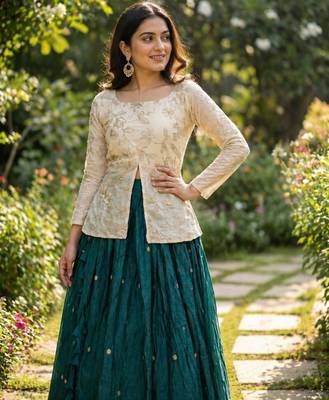 green zari embroidered jacket lehenga choli 5