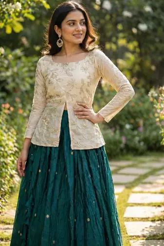 Green Zari Embroidered Work Blouse with Ivory Lehenga Set for Women | Festive Ethnic Wear_Free Size