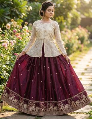 wine zari embroidered jacket lehenga 4