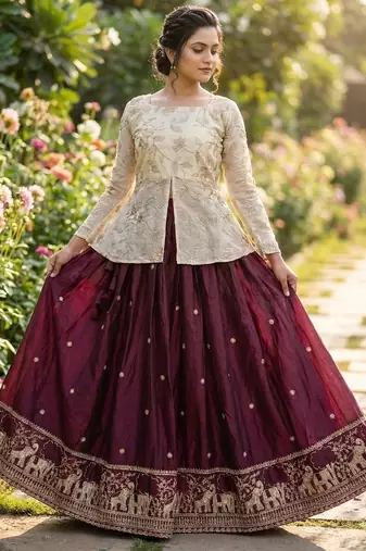Wine Zari Embroidered Work Blouse with Ivory Lehenga Set for Women | Festive Ethnic Wear_Free Size