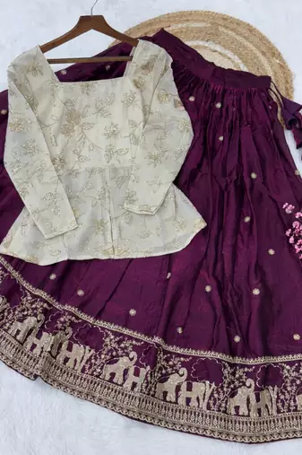 Wine Zari Embroidered Work Blouse with Ivory Lehenga Set for Women | Festive Ethnic Wear_Free Size