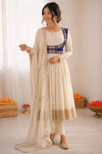Off white chinon silk thread with sequin anarkali suit