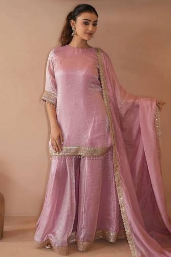 Women's Beautiful Embroidery Work Satin Fabric Straight Kurta Sharara and Dupatta Set