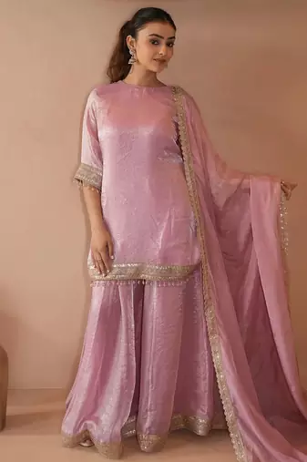 Women's Beautiful Embroidery Work Satin Fabric Straight Kurta Sharara and Dupatta Set