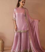 Women's Beautiful Embroidery Work Satin Fabric Straight Kurta Sharara and Dupatta Set