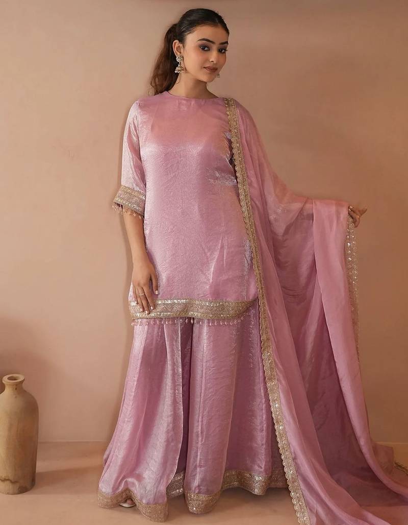 Women's Beautiful Embroidery Work Satin Fabric Straight Kurta Sharara and Dupatta Set