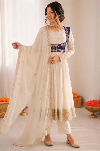 Off white chinon silk thread with sequin anarkali suit