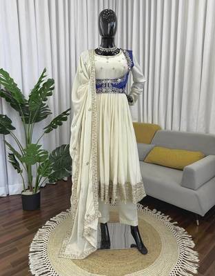 Off white chinon silk thread with sequin anarkali suit 4