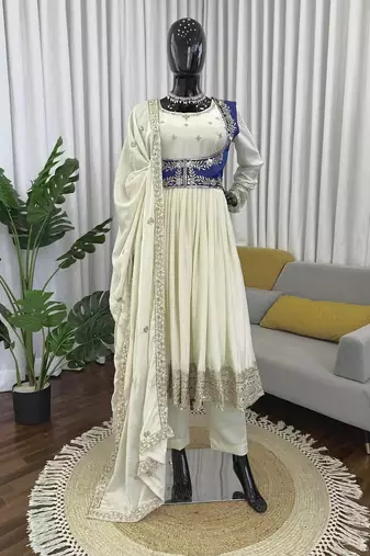 Off white chinon silk thread with sequin anarkali suit