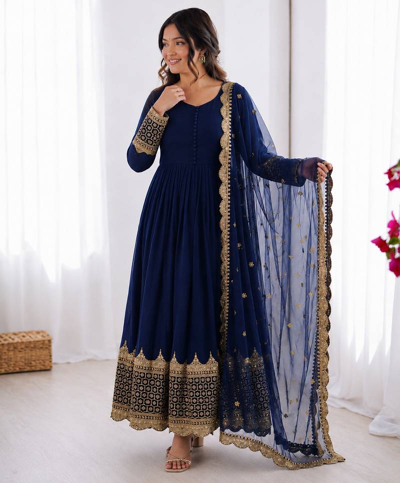 Blue georgette embroidered with sequin anarkali suit
