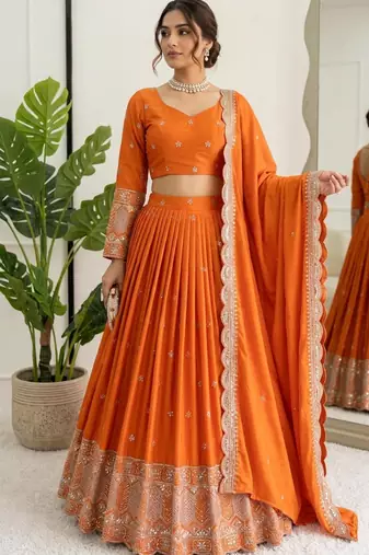 orange silk blend embroidered lehenga choli