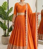 orange silk blend embroidered lehenga choli