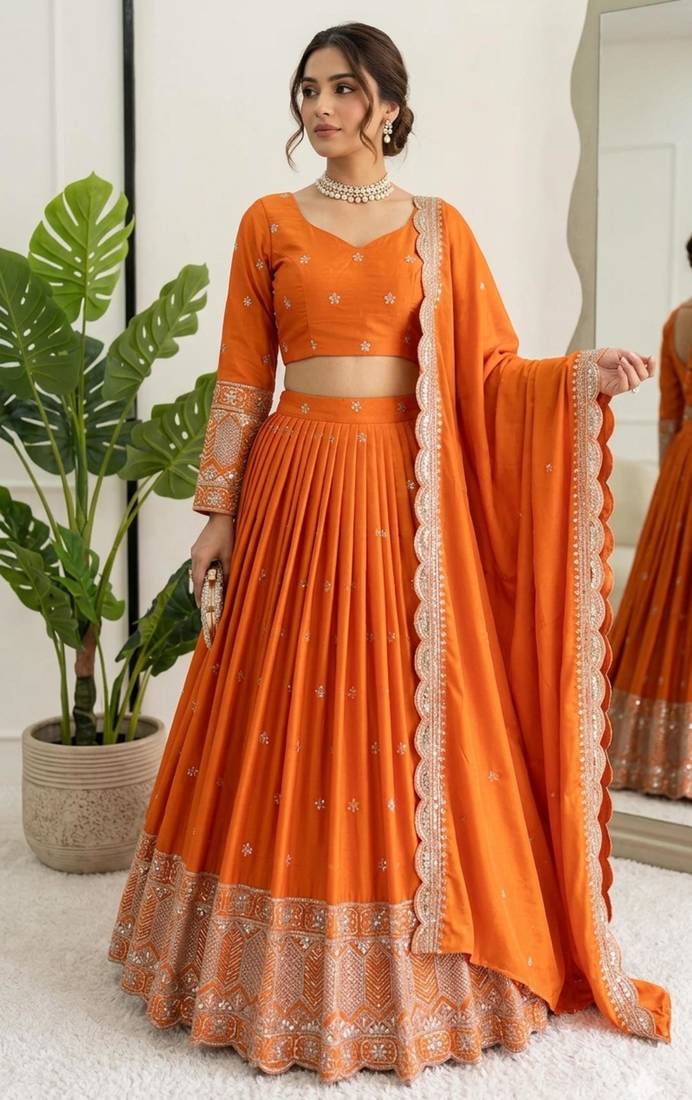 orange silk blend embroidered lehenga choli