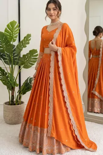orange silk blend embroidered lehenga choli