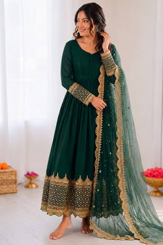 Dark green georgette embroidered with sequin anarkali suit