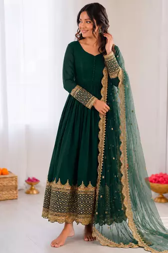 Dark green georgette embroidered with sequin anarkali suit