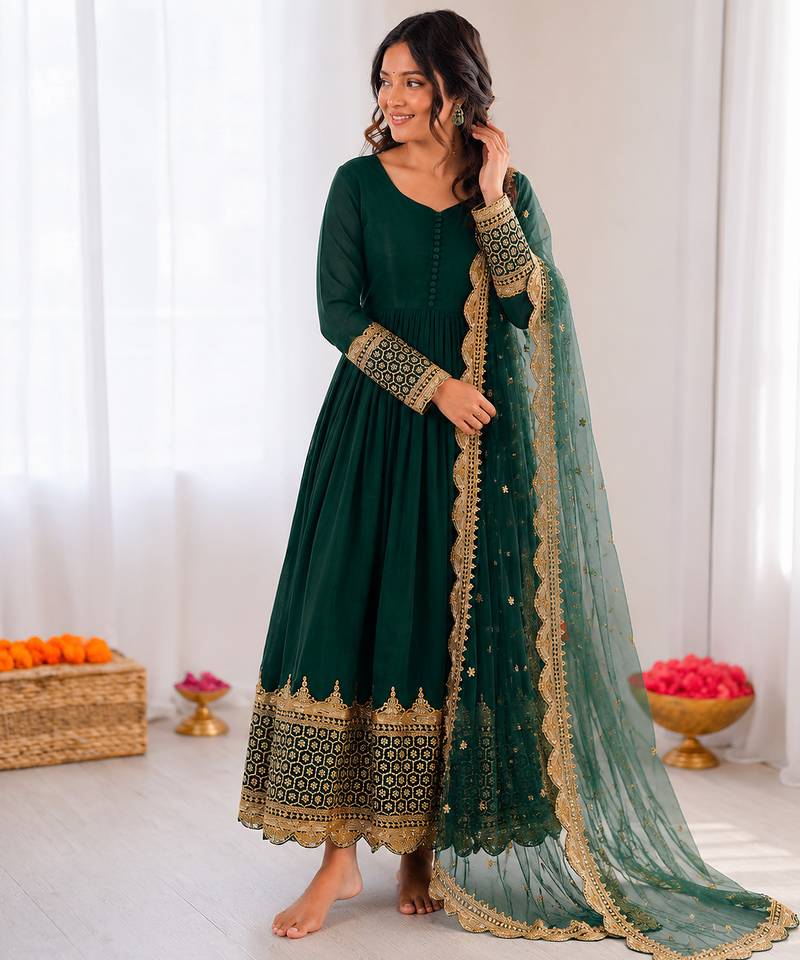 Dark green georgette embroidered with sequin anarkali suit