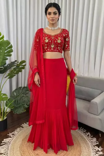 red georgette plain lehenga choli