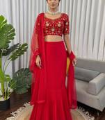 red georgette plain lehenga choli