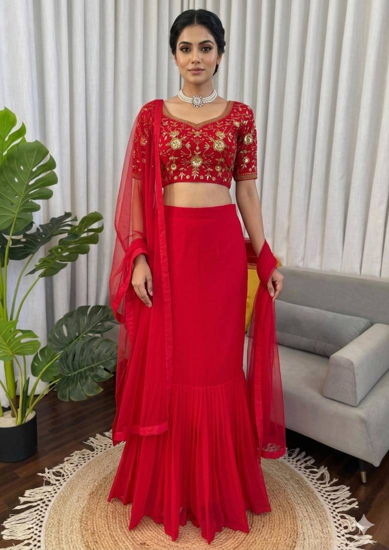 red georgette plain lehenga choli