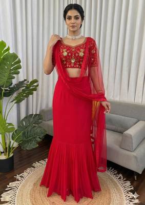 red georgette plain lehenga choli 3