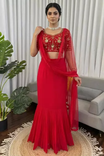red georgette plain lehenga choli