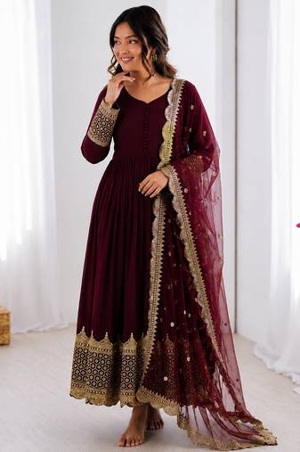 Deep maroon georgette embroidered with sequin anarkali suit