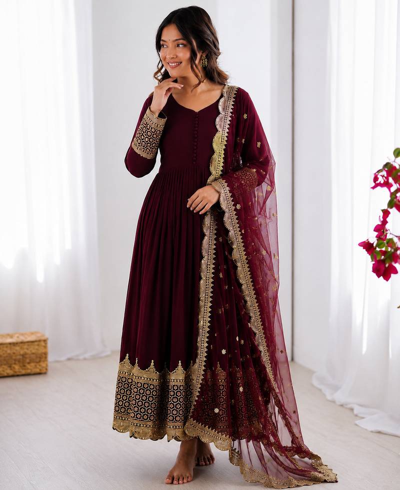 Deep maroon georgette embroidered with sequin anarkali suit