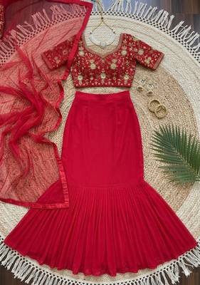 red georgette plain lehenga choli 4