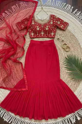 red georgette plain lehenga choli