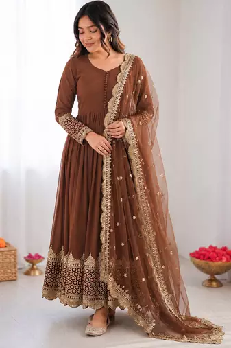 Light brown georgette embroidered with sequin anarkali suit