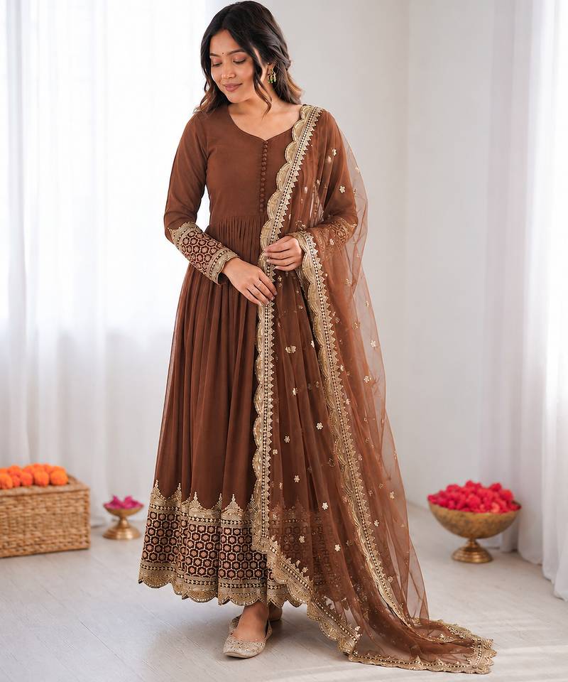 Light brown georgette embroidered with sequin anarkali suit
