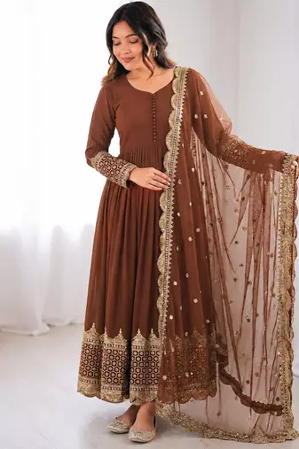 Light brown georgette embroidered with sequin anarkali suit