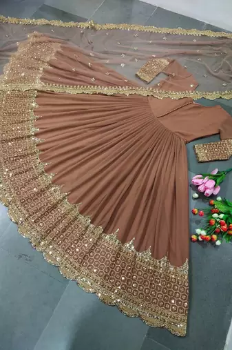 Light brown georgette embroidered with sequin anarkali suit