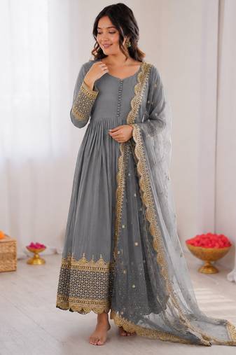 Light grey georgette embroidered with sequin anarkali suit