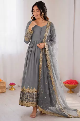 Light grey georgette embroidered with sequin anarkali suit