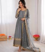 Light grey georgette embroidered with sequin anarkali suit