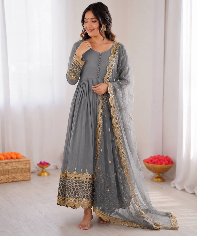 Light grey georgette embroidered with sequin anarkali suit