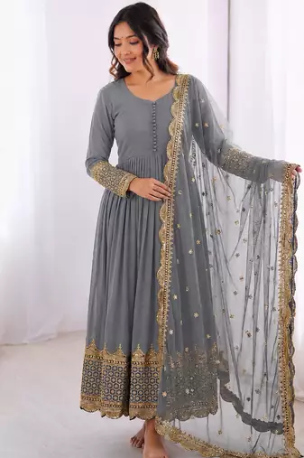 Light grey georgette embroidered with sequin anarkali suit
