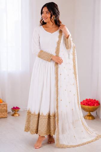 Off white georgette embroidered with sequin anarkali suit