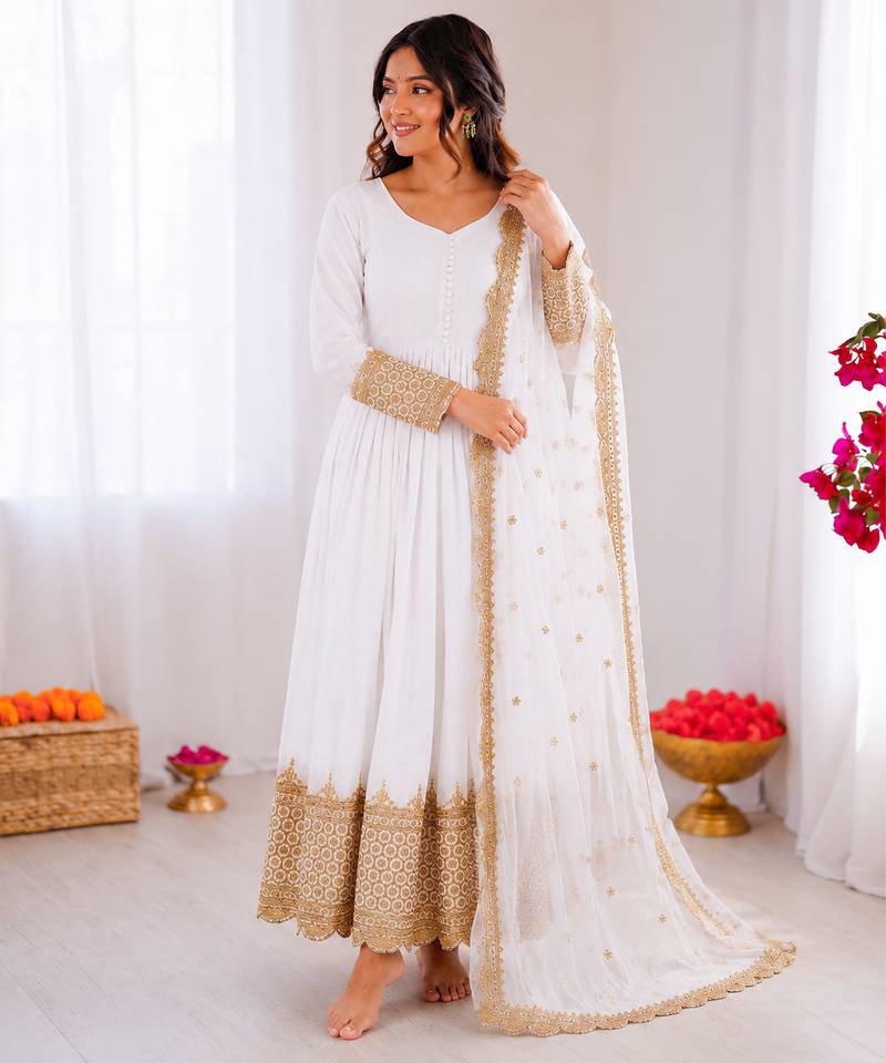 Off white georgette embroidered with sequin anarkali suit