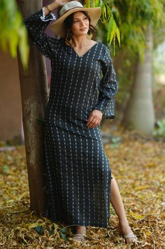 Black kantha cotton long sheath dress