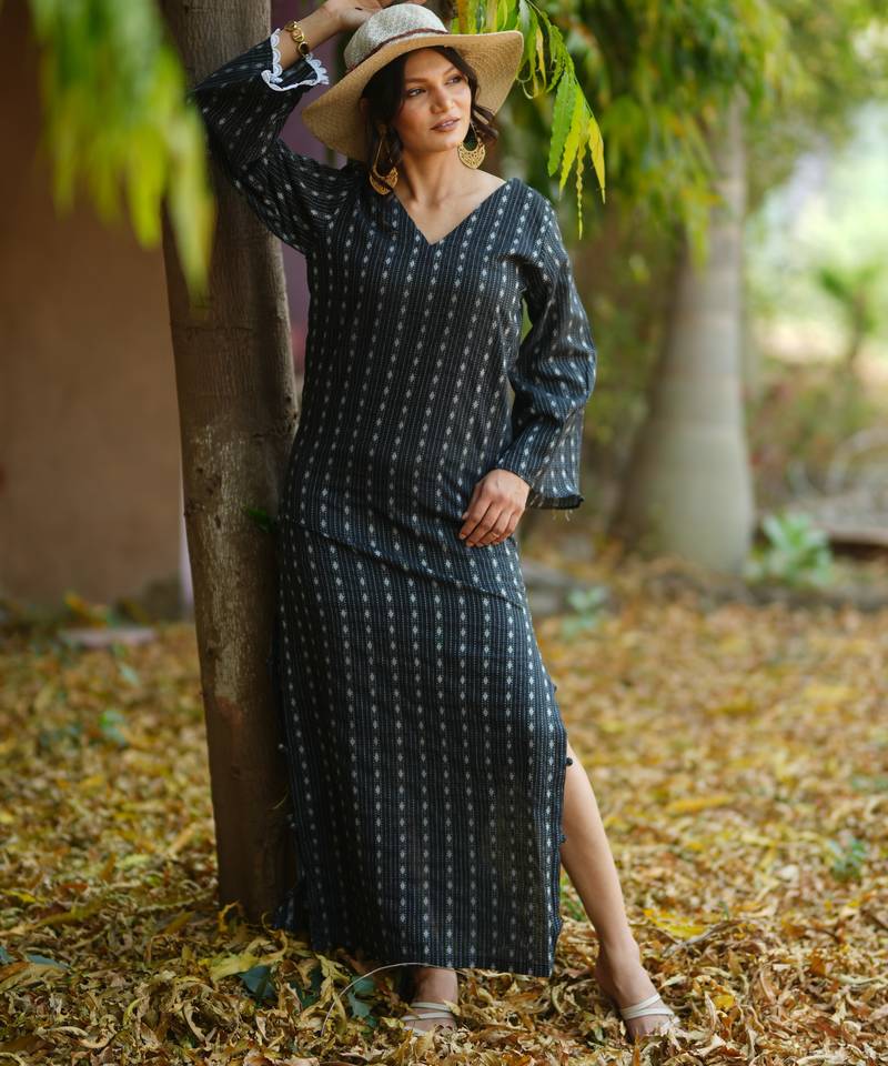 Black kantha cotton long sheath dress