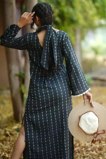 Black kantha cotton long sheath dress