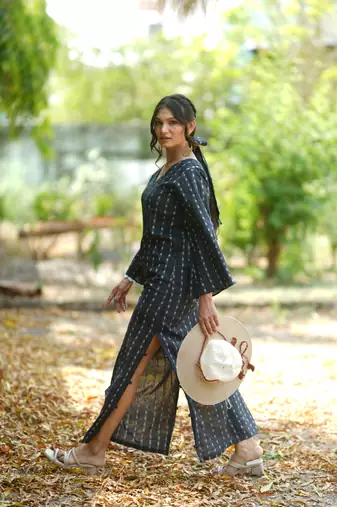 Black kantha cotton long sheath dress