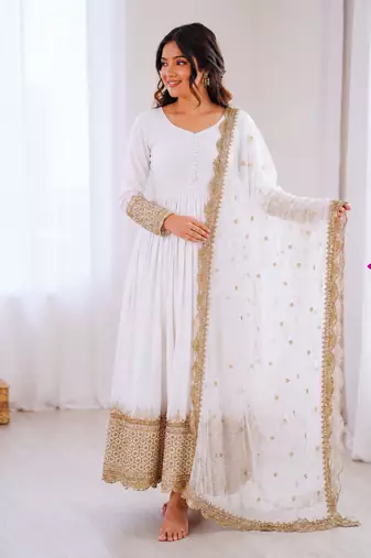 Off white georgette embroidered with sequin anarkali suit
