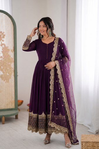 Purple georgette embroidered with sequin anarkali suit