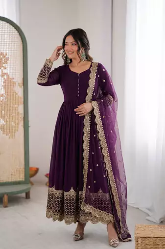 Purple georgette embroidered with sequin anarkali suit
