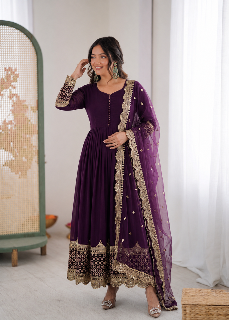 Purple georgette embroidered with sequin anarkali suit